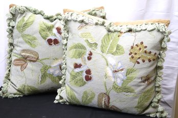 Pair Of Beautifully Detailed Petit Needlepoint Pillows With Fringes, & Down Filled Inserts.