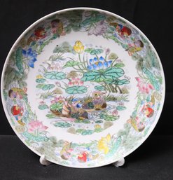 Antique Asian Hand Painted Porcelain Plate With Mandarin Ducks And Lotus Flowers.