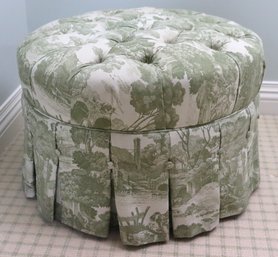 Ethan Allen Round Tufted Ottoman In Toile Fabric