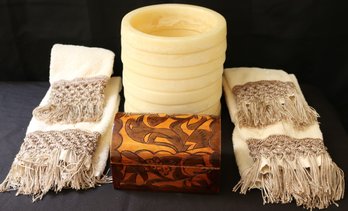 Onyx Waste Basket With 4 Fringed Hand Towels & Carved Wood Box From Curaao