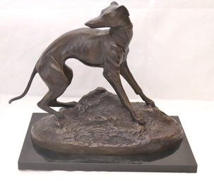 Bronze Replica Statue Of Whippet / Greyhound On Marble Base Signed T. Geo.