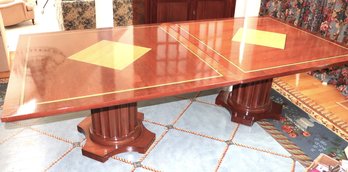 Pair Of Vintage Art Deco Square Dining Tables With Banding & Fluted Column Pedestal