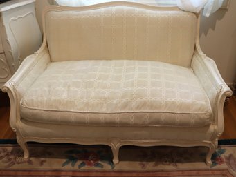 Vintage French Country Style Carved Wood Bench With Custom Upholstery