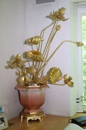 Vintage Gilt Wood Buddhist Lotus Flowers In Mangani Porcelain Planter On Brass Column Base