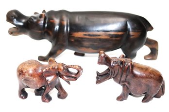 Polished South African Stone Miniatures Includes Elephant & Carved Wood Hippo