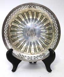 Antique Sterling Silver Ribbed Bowl, With Pierced Edge & Monogram
