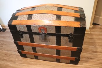 Antique Wood And Metal Trunk With Compartments And Leather Handles