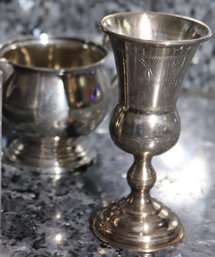 STERLING SILVER 2 PIECES - NICELY DETAILED KIDDISH CUP AND CREAMER WITH HANDLE - NOT WEIGHTED