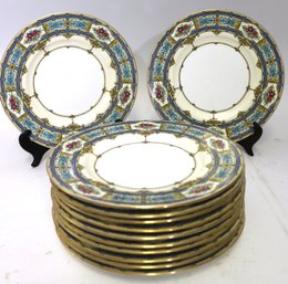 Set Of 12 Minton England Dishes With Wide Blue Border Accented With Flowers