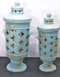 Two Turquoise Glazed Pottery Pierced Lanterns With Lids And Battery Candles.
