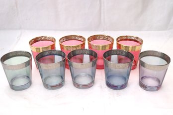 Lot Of 9 Preciosi Colored Tumblers With Silver Greek Key Paired Borders.