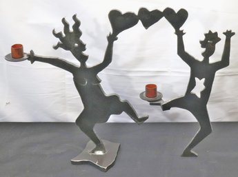 Vintage Hand Cut Metal Candlesticks Of Dancing Couple With Hearts.