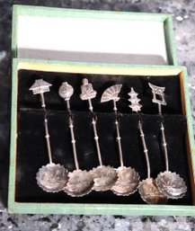 Box Of Sterling Silver Demitasse Spoons With Asian Flair.