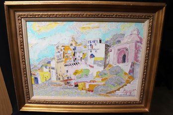 Lionelli F. Massa, Listed Artist Textured Landscape Oil Painting On Canvas Of Mediterranean Seaside Village