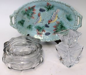 German Majolica Platter, Heisey Covered Jar & Small Sevres Vase