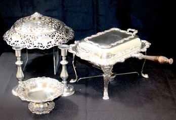Lot Of Vintage Silver-plated Items With Chafing Dish, Potpourri Holder, Footed Dish & Candlesticks