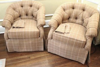 Pair Of Wesley Hall Swivel Chairs With Roll Arms, Tufted Backs, And Linen Fabric Linen Square Upholstery.
