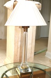 Vintage Hollywood Regency Style Brass & Glass Table Lamp With A Pleated Linen Shade
