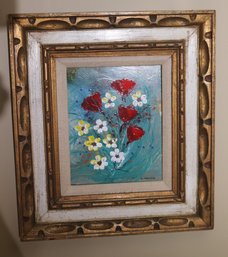 Signed Floral Still Life Oil Painting On Panel