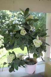 White Ceramic Planter With Silk Magnolia Flower Arrangement