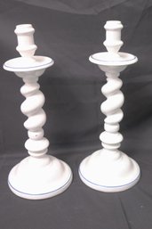 Two Glazed Porcelain Twisted Candlesticks Made In Portugal- Can Be Converted To Lamps.