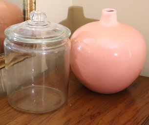 Large Pink Glazed Pottery Style Vase And Glass Cookie Jar Container