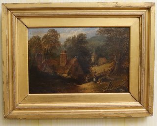 Antique Landscape View Painting, Feeding The Chickens Signed By The Artist