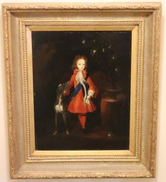 Oil Portrait Of A Noble Child With Dog Painting Initialized On The Lower Right Corner On Board