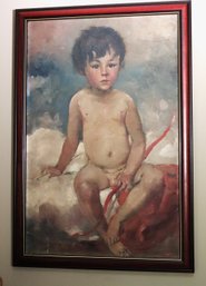 Adorable Antique Painting Of Little Boy With Bow Signed By Artist