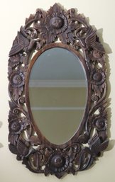 Balinese Style Carved Wood Framed Mirror With Birds And Lotus Flowers.