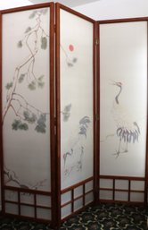 Unique Japanese Painted Silk And Wood 3 Panel Floor Screen,  Signed Oshato.