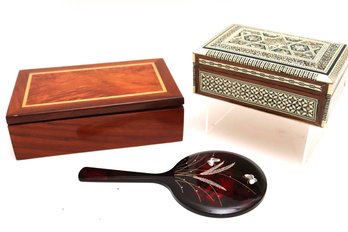 Highly Detailed Inlaid Trinket Box With Mother Of Pearl Detail, Small Hand Mirror With Butterfly Accents