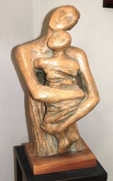 Vintage Plaster Sculpture Of Mother, Hugging A Child Mounted On Wooden Base