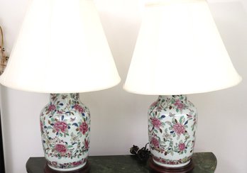 Pair Beautiful Of Hand Painted Chinese Porcelain Vase Lamps  Mounted On Wooden Bases.