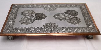 Vintage Indian Serving Tray With Embossed Top And Footed Based