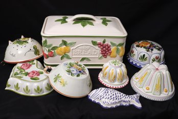 Assortment Of Ceramic Hand Painted Kitchen Molds, And Bread Box.