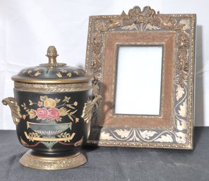 Hand Painted Covered Potpourri/ Planter And Renaissance Style Picture Frame.