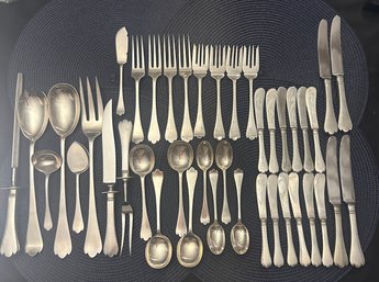 WORCESTER SILVER COMPANY STUART TRIFID PATTERN STERLING SILVER FLATWARE SET - SERVING FOR 4 WITH SERVING PCS