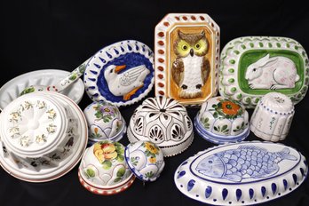 Large Lot Of Vintage Ceramic Molds With Hand Painted Designs Of Rabbit, Duck & Fish