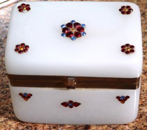 Antique French White Opaline Hinged Box With Bejeweled Decor