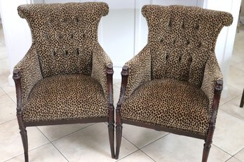 Pair Of 1920s Ladies Chairs With Carved Wooden Frame And Velvet Leopard Upholstery.