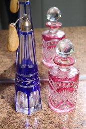 Two Vintage Czech Cut To Clear Glass Perfume Bottles, One With Atomizer