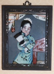 Antique Chinese Reverse Painting On Glass, Depicts A Young Woman In Blue Floral Robe Holding A Fan