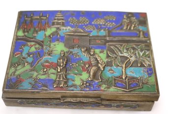 Antique Enamel Brass Over Wood Cigarette Box With Figures And Flowers