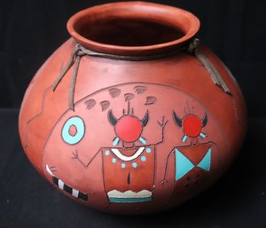 Red Horse Clay Pottery Vase, Signed On Verso, 1989 With Colorful Painted Figures.