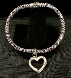 STERLING SILVER 7 INCH MESH WEAVE BRACELET WITH SLIDING HEART CHARM