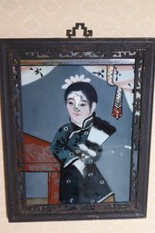 Antique Chinese Reverse Painting On Glass, Depicts A Young Woman In A Floral Robe Holding A Fan