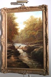 Antique 19th Century Oil Painting By William Mellor Of Landscape With Stream Elegant Gold Frame