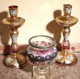 Pair Of Bohemian Pink Glass & Gold Candle Holders And Bronze Mounted Glass Jar