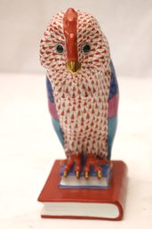 Herend Red Fishnet Porcelain Owl Perched On Books.